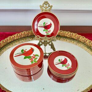OTAGIRI COASTER SET LACQUERWARE 6 CASE RED WHITE CARDINAL BERRIES GOLD TRIM